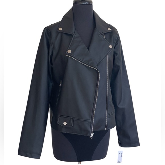 Vine & Valley Black Faux Leather Moto Jacket Sz M Asymmetrical Zipper NWT - Picture 1 of 14